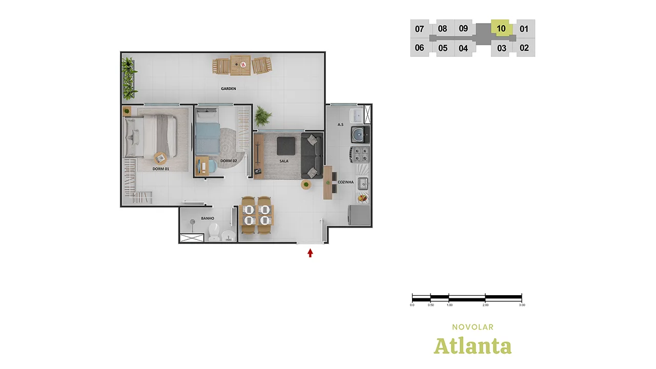 Planta Garden 2 quartos 54 m² Novo Lar Atlanta Campo Grande