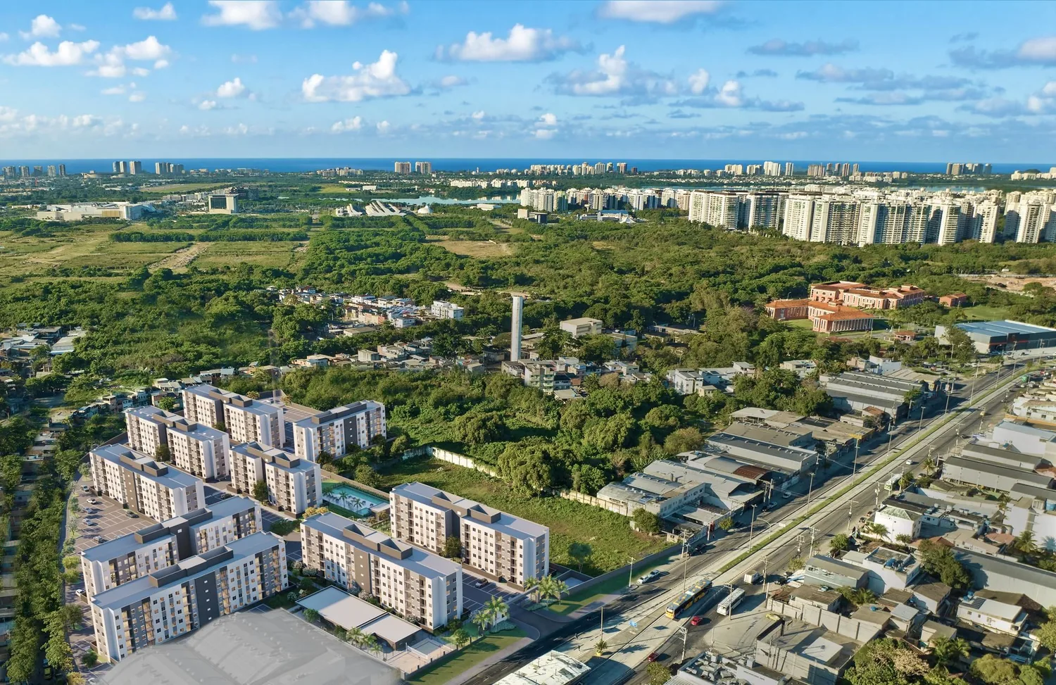 Vista aérea do Park Village e da região