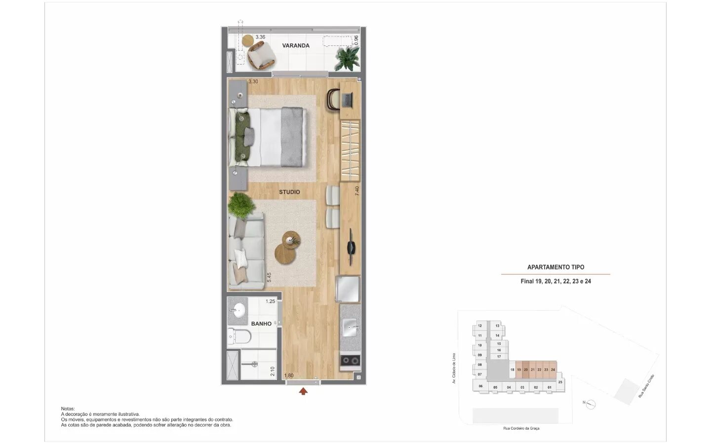 Planta Studio com varanda