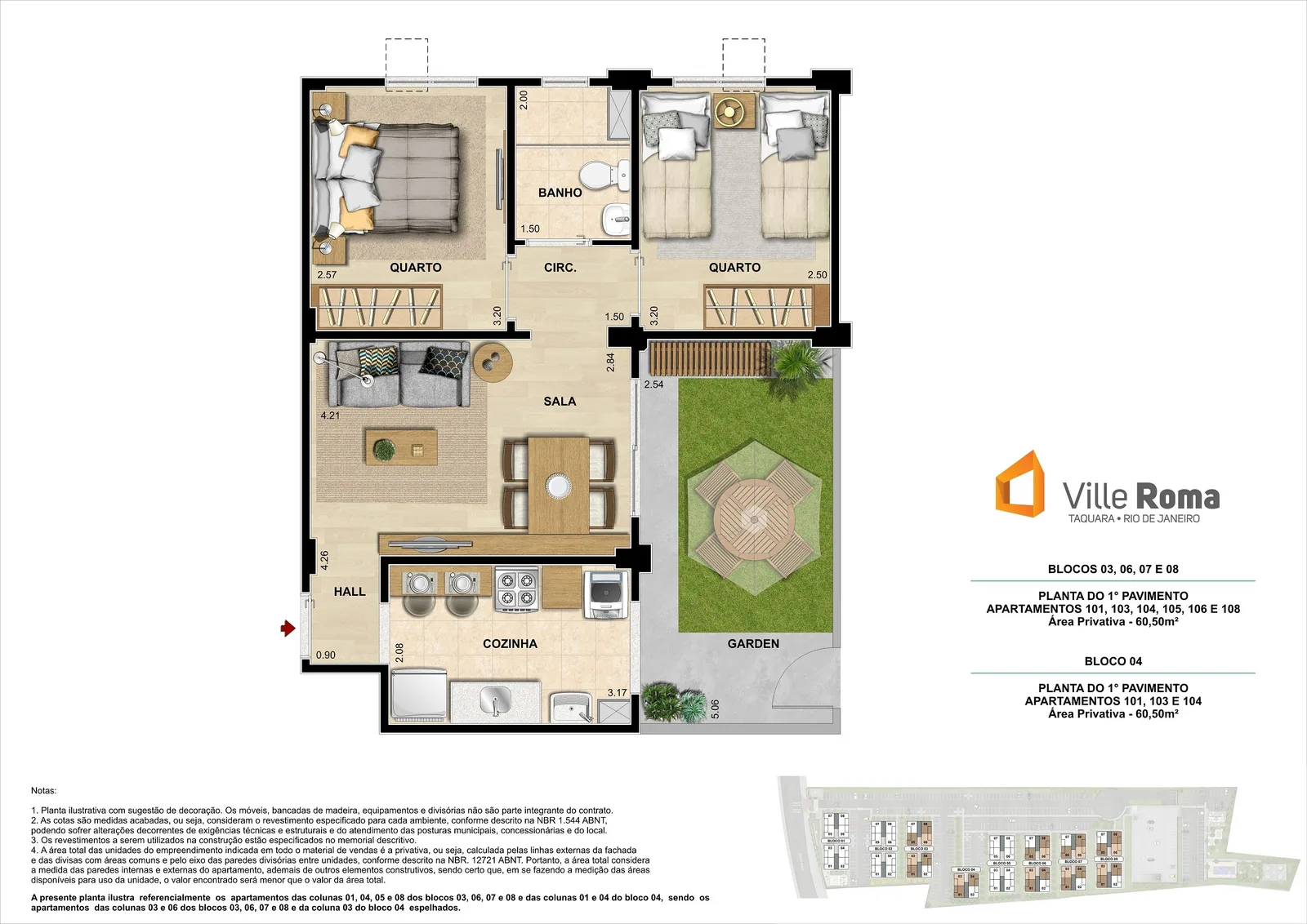 Planta garden 2 quartos com vaga Ville Roma